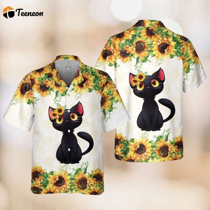 Black Cat Hawaiian Shirt, Cat Lovers Hawaiian Shirt, Cat Sunflower Hawaiian Shirt, Hawaiian Beach Tee, Summer Aloha 2023,Gifts For Cat Owner 1
