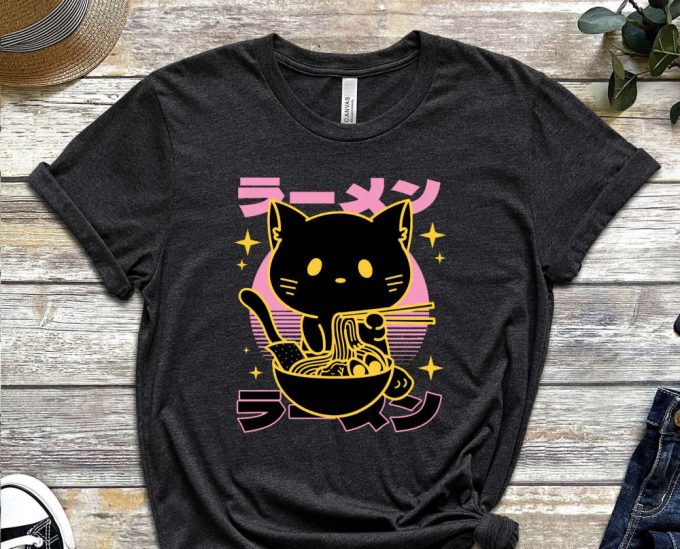 Black Cat Shirt, Cat Tee, Food Shirt, Asian Food Tee, Food Enthusiast, Retro Cat Shirt, Vintage Food Tee, Gift For Friend, Gift For Asian 2