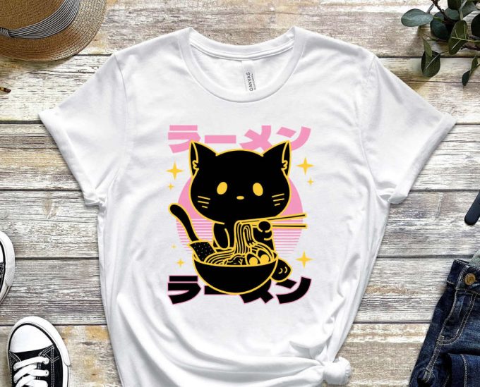 Black Cat Shirt, Cat Tee, Food Shirt, Asian Food Tee, Food Enthusiast, Retro Cat Shirt, Vintage Food Tee, Gift For Friend, Gift For Asian 5