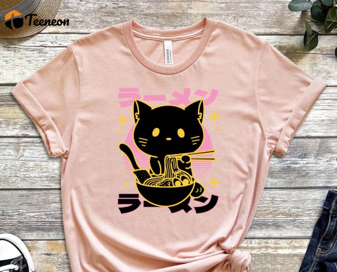 Black Cat Shirt, Cat Tee, Food Shirt, Asian Food Tee, Food Enthusiast, Retro Cat Shirt, Vintage Food Tee, Gift For Friend, Gift For Asian 1