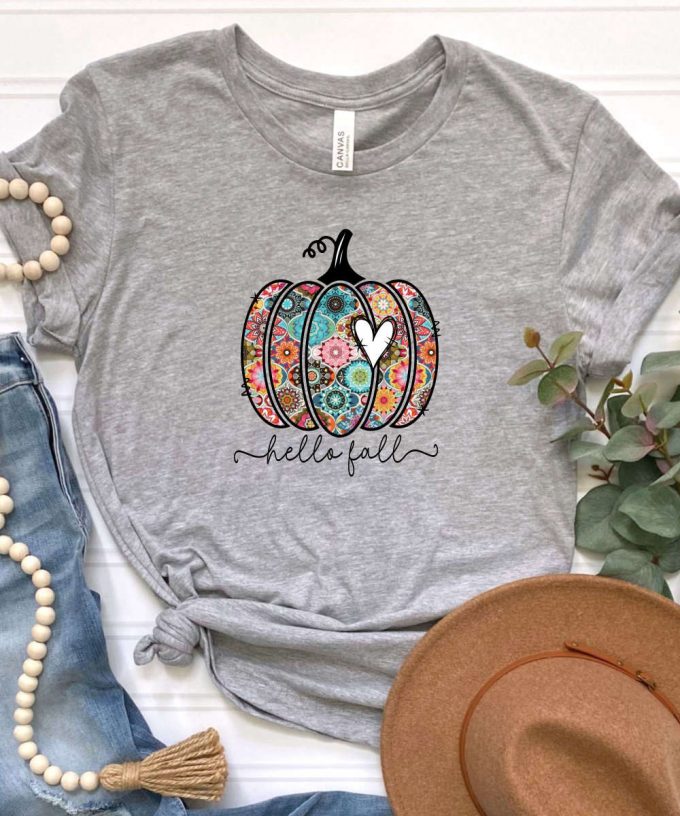 Boho Hello Fall Tshirt, Colorful Pumpkin Shirt, Bohemian Thanksgiving T-Shirt, Boho Fall Tshirt, Cute Pumpkin Shirt For Her, Womens Fall Tee 2