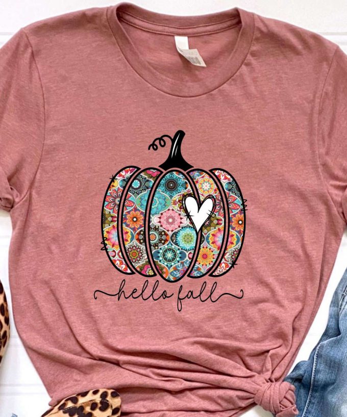 Boho Hello Fall Tshirt, Colorful Pumpkin Shirt, Bohemian Thanksgiving T-Shirt, Boho Fall Tshirt, Cute Pumpkin Shirt For Her, Womens Fall Tee 3