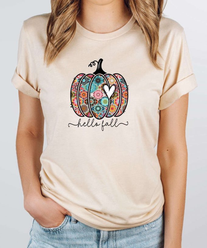 Boho Hello Fall Tshirt, Colorful Pumpkin Shirt, Bohemian Thanksgiving T-Shirt, Boho Fall Tshirt, Cute Pumpkin Shirt For Her, Womens Fall Tee 4