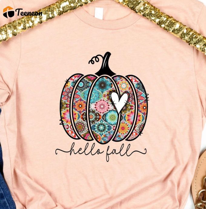 Boho Hello Fall Tshirt, Colorful Pumpkin Shirt, Bohemian Thanksgiving T-Shirt, Boho Fall Tshirt, Cute Pumpkin Shirt For Her, Womens Fall Tee 1