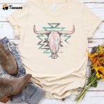 Boho Longhorn Skull Tshirt for Women, Womens Girls Western Shirt, Country Music Concert Shirt, Bull Skull Southern Girl Tee, Western Tee