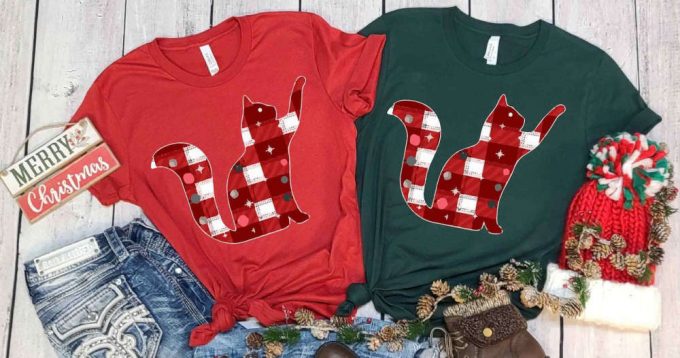Buffalo Plaid Christmas Cat Shirt, Christmas Gift For Cat Owner, Xmas Cat Graphic Tees, Cat Lover Shirt, Animal Lover Tees, Xmas Apparel 2