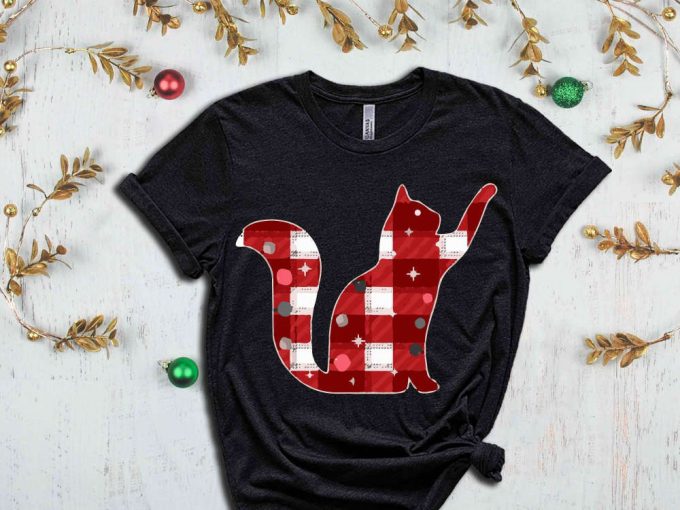 Buffalo Plaid Christmas Cat Shirt, Christmas Gift For Cat Owner, Xmas Cat Graphic Tees, Cat Lover Shirt, Animal Lover Tees, Xmas Apparel 3