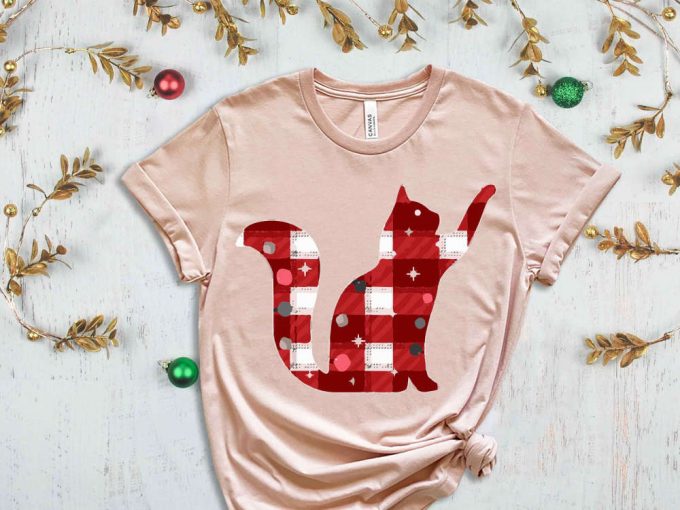 Buffalo Plaid Christmas Cat Shirt, Christmas Gift For Cat Owner, Xmas Cat Graphic Tees, Cat Lover Shirt, Animal Lover Tees, Xmas Apparel 4