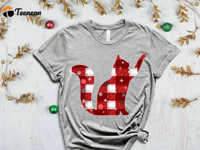 Buffalo Plaid Christmas Cat Shirt, Christmas Gift For Cat Owner, Xmas Cat Graphic Tees, Cat Lover Shirt, Animal Lover Tees, Xmas Apparel 1