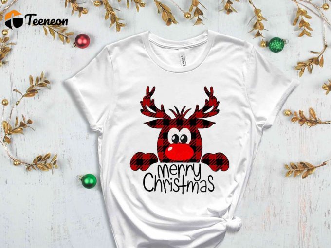 Buffalo Plaid Christmas Reindeer T-Shirt, Merry Christmas Shirt, Xmas Deer Shirt, Christmas Deer Shirt, Funny Christmas Shirt, Xmas Clothing 1