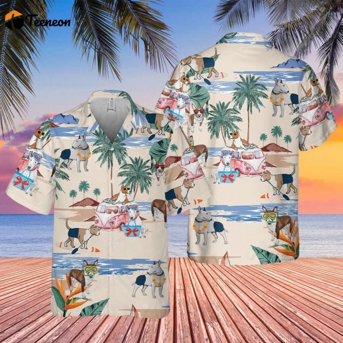 Bull Terrier Summer Beach Hawaiian Shirt, Dog Hawaiian Shirt, Beach Holiday Hawaii Shirt, Summer Vacation Aloha Shirt, Tropical Family Hawai 1