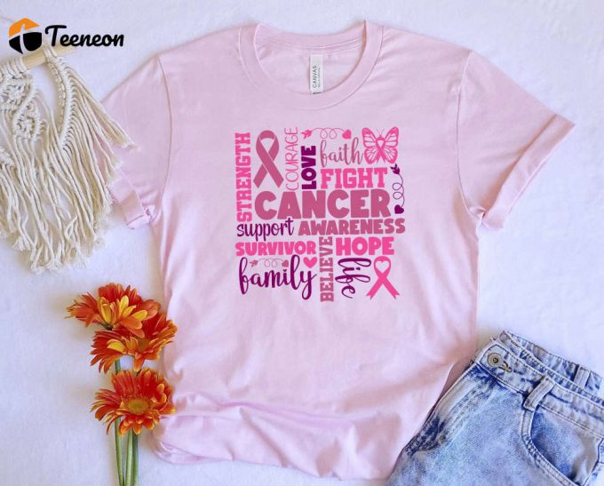 Cancer Survivor T-Shirt: Believe In Faith Be Strong With Family Support - Pink Ribbon Tee 1