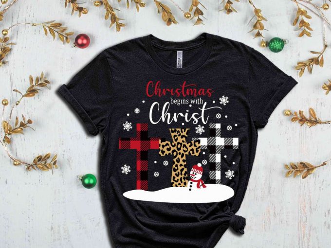 Christmas Begins Christ T-Shirt, Buffalo Paid Cross, Christmas Spirit, Cheetah Print Cross, Religion Shirt, Christian Clothing, Jesus Lover 5