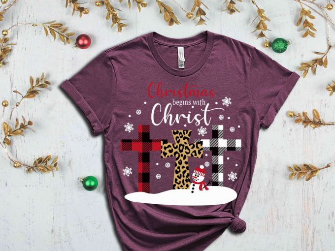 Christmas Begins Christ T-Shirt, Buffalo Paid Cross, Christmas Spirit, Cheetah Print Cross, Religion Shirt, Christian Clothing, Jesus Lover 4