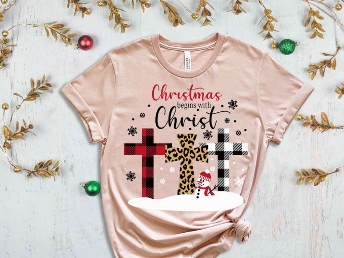 Christmas Begins Christ T-Shirt, Buffalo Paid Cross, Christmas Spirit, Cheetah Print Cross, Religion Shirt, Christian Clothing, Jesus Lover 6