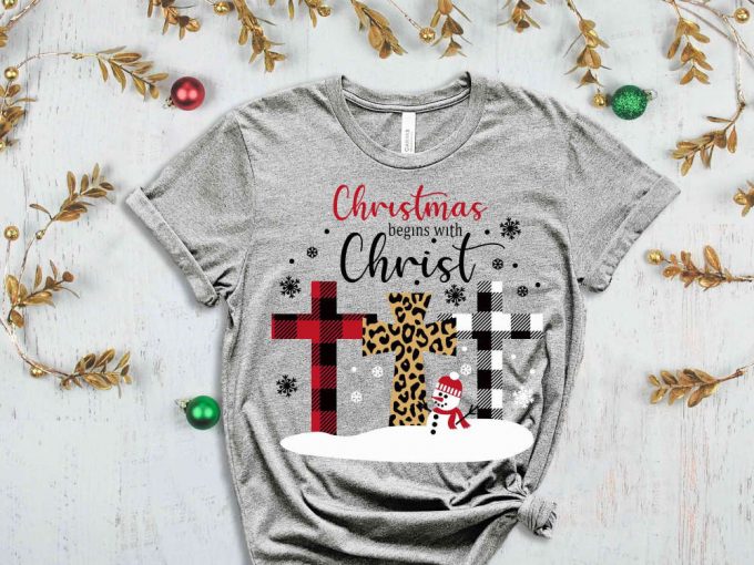 Christmas Begins Christ T-Shirt, Buffalo Paid Cross, Christmas Spirit, Cheetah Print Cross, Religion Shirt, Christian Clothing, Jesus Lover 7