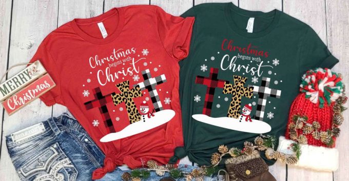 Christmas Begins Christ T-Shirt, Buffalo Paid Cross, Christmas Spirit, Cheetah Print Cross, Religion Shirt, Christian Clothing, Jesus Lover 2