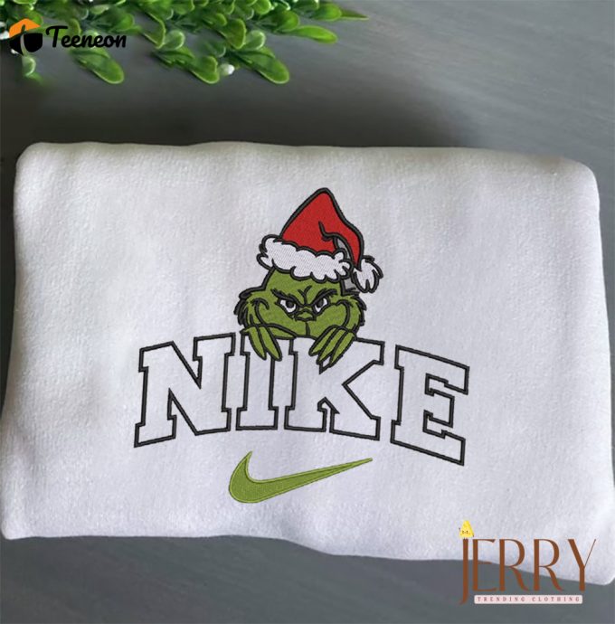 Christmas Grinch Santa Hat Nike Embroidered Sweatshirt, Grinch Shirt 1