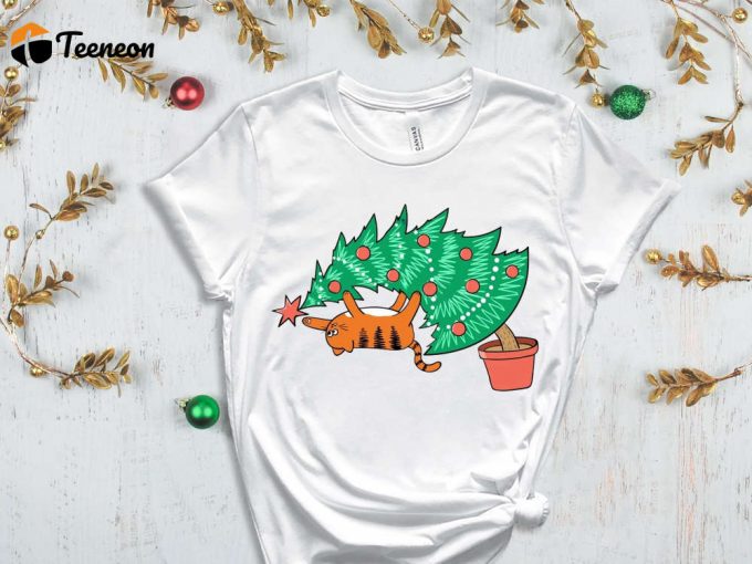 Christmas Naughty Cat T-Shirt, Christmas Cat Shirt, Xmas Tree Graphic Tees, Matching Family Christmas, Happy New Year, Merry Christmas Shirt 1