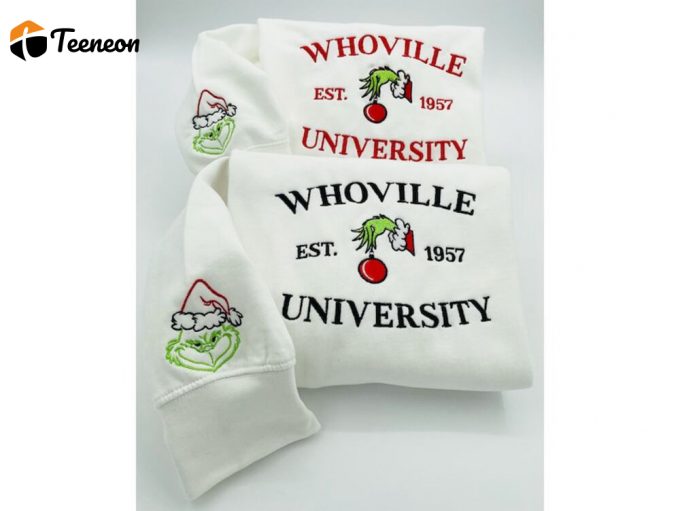 Christmas Sweatshirt, Whoville University Embroidered Sweatshirt, Christmas Embroidery Sweatshirt, Christmas Crewneck, Cute Sleeve 1