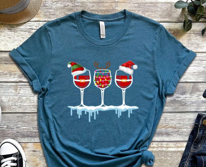 Christmas Wine Glasses T-Shirt, Xmas Wine Shirt, Christmas Shirt, Funny Christmas Outfits, Christmas Gift, Xmas Graphic Tee, Wine Lover Gift 5