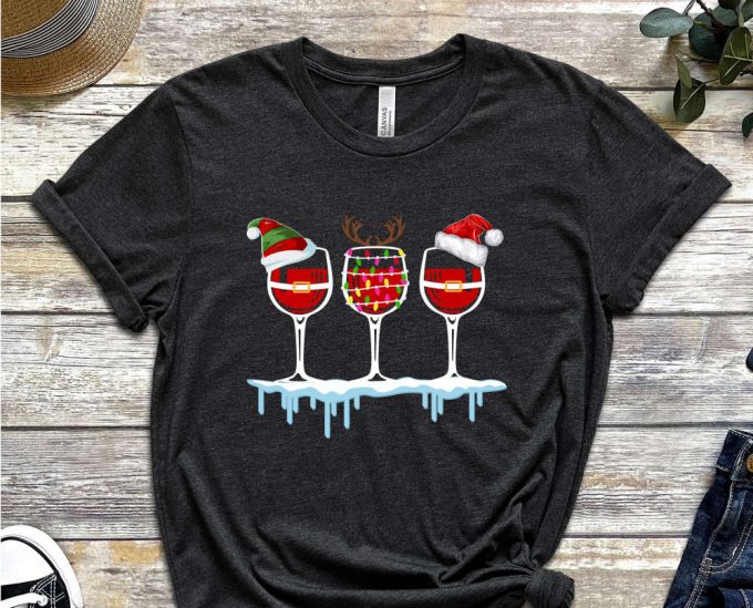 Christmas Wine Glasses T-Shirt, Xmas Wine Shirt, Christmas Shirt, Funny Christmas Outfits, Christmas Gift, Xmas Graphic Tee, Wine Lover Gift 6