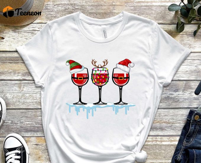 Christmas Wine Glasses T-Shirt, Xmas Wine Shirt, Christmas Shirt, Funny Christmas Outfits, Christmas Gift, Xmas Graphic Tee, Wine Lover Gift 1