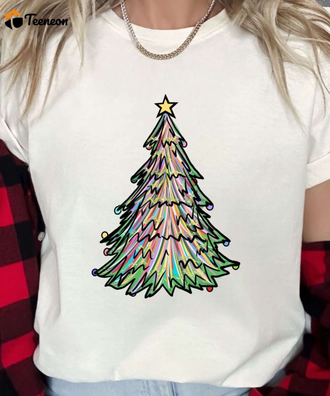 Colorful Christmas Tree Tshirt, Womens Christmas T-Shirt, Girls Christmas Tree Shirt, Cute Holiday Tee, Christmas Gift For Her 1