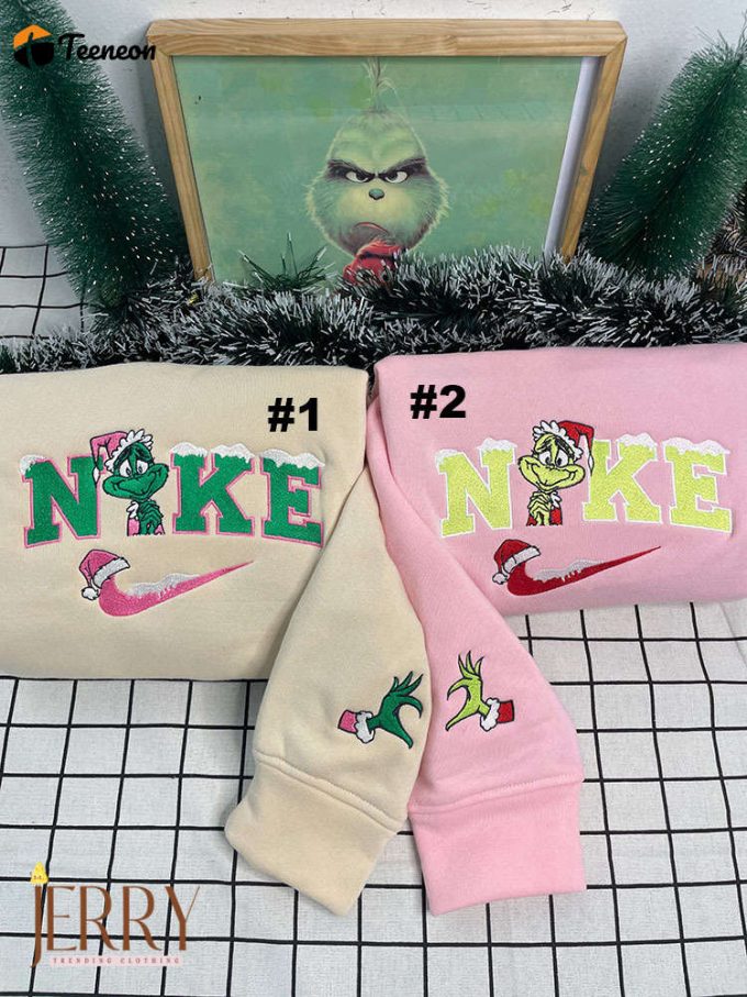 Cute Grinch Christmas Nike Embroidered Sweatshirt, Xmas Gift For Couple 1