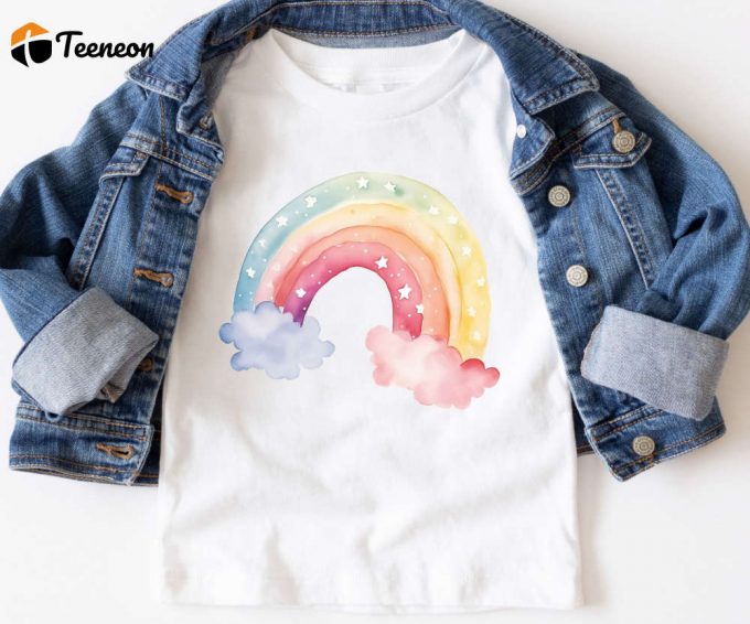 Cute Rainbow And Clouds T-Shirt, Girls Rainbow Shirt, Girls Pastel Colors Tee, Rainbow Party T-Shirt, Rainbow Birthday Party Gift 1