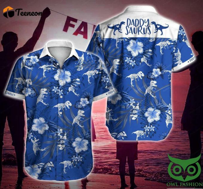 Daddysaurus Dinosaur Blue And White Flowe Hawaiian Shirt Gift For Men And Women 1