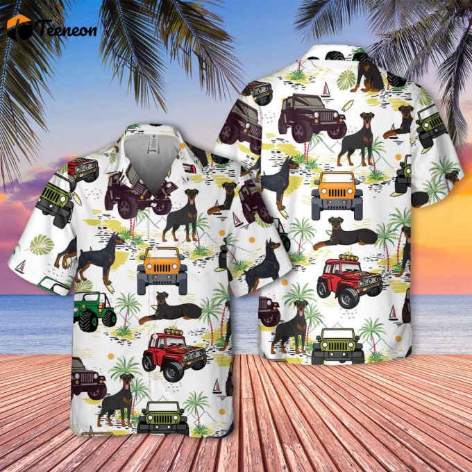 Doberman Hawaiian Shirt, Car Hawaiian Shirt, Doberman Dog Tropical Pattern Shirt, Hawaii Travel Shirt, Button Down Shirt 1