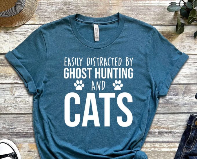 Easily Distracted By Ghost Hunting And Cats T-Shirt, Funny Ghost Hunting Shirt, Ghost Hunting Gift, Paranormal Shirt 2