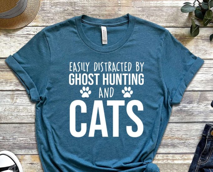 Easily Distracted By Ghost Hunting And Cats T-Shirt, Funny Ghost Hunting Shirt, Ghost Hunting Gift, Paranormal Shirt 3