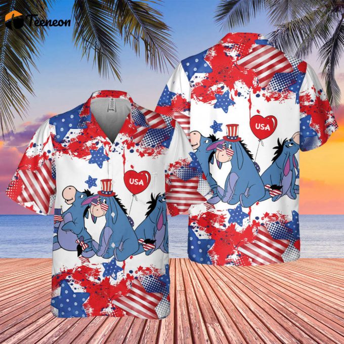 Eeyore Hawaii Shirt, Hawaiian Shirt Men/ Women, Vacation 2023 Shirt, Gift For Family, 4Th Of July Shirt, Hawaiian American Flag Shirt 1