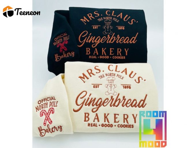 Embroidered Gingerbread Embroidery Sweatshirt/Christmas, Sleeve North Pole Bakery, Gifts 2024K Style Embroidered Crewneck| Mrs Clause Bakery Cookies 1