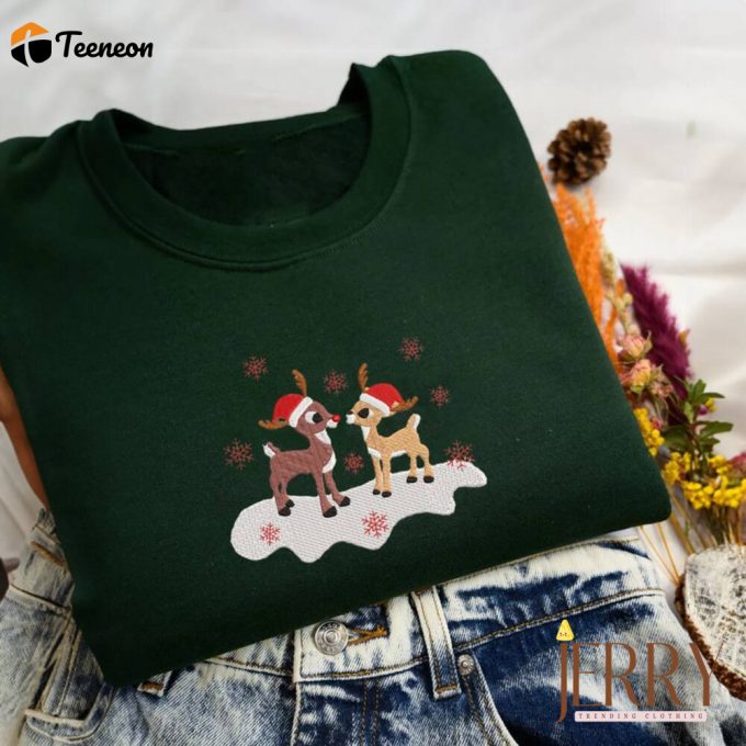 Embroidered Rudolf Red Nose Sweatshirt, Christmas Movies Character Shirt, Reindeer Hoodie, Christmas Gift For Friends 1