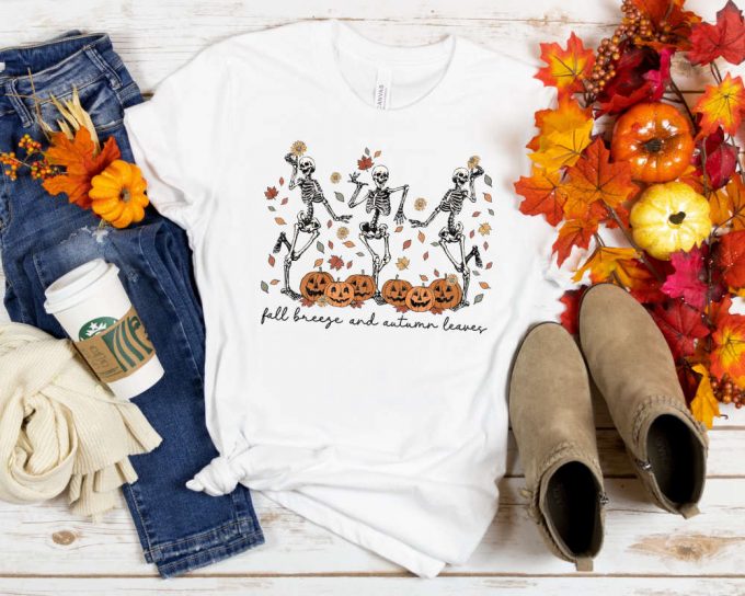 Autumn Leaves &Amp; Funny Pumpkin Shirt: Fall Breeze Skeleton Tee Hello Fall Seasonal Style 4