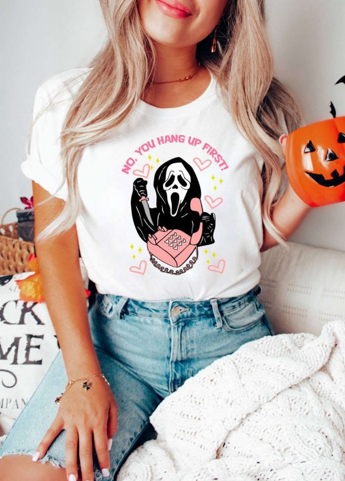 Spooky Season Funny Ghost T-Shirt: No You Hang Up Scream Shirt - Perfect Pink Halloween Gift! 2