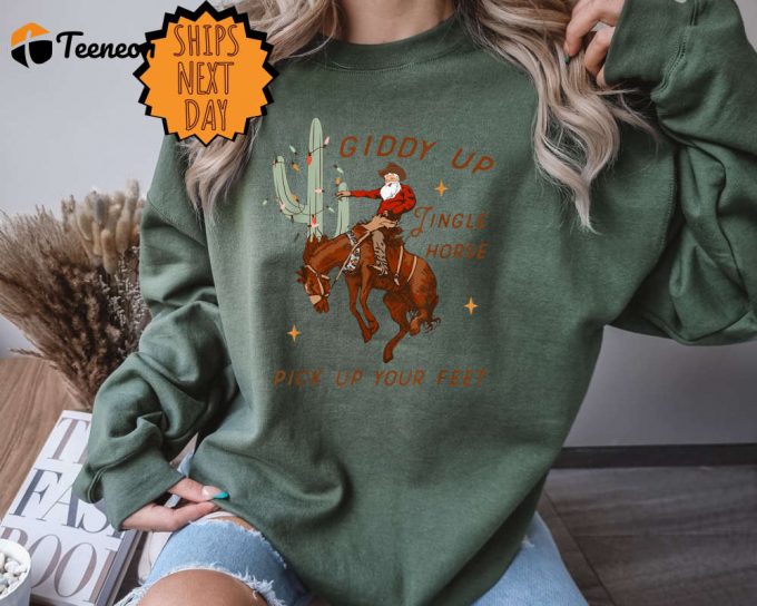 Giddy Up Jingle Horse Pick Up Your Feet Sweatshirt, Cowboy Christmas Santa Sweater, Howdy Country Xmas Horse Sweater, Cow Sweater 1