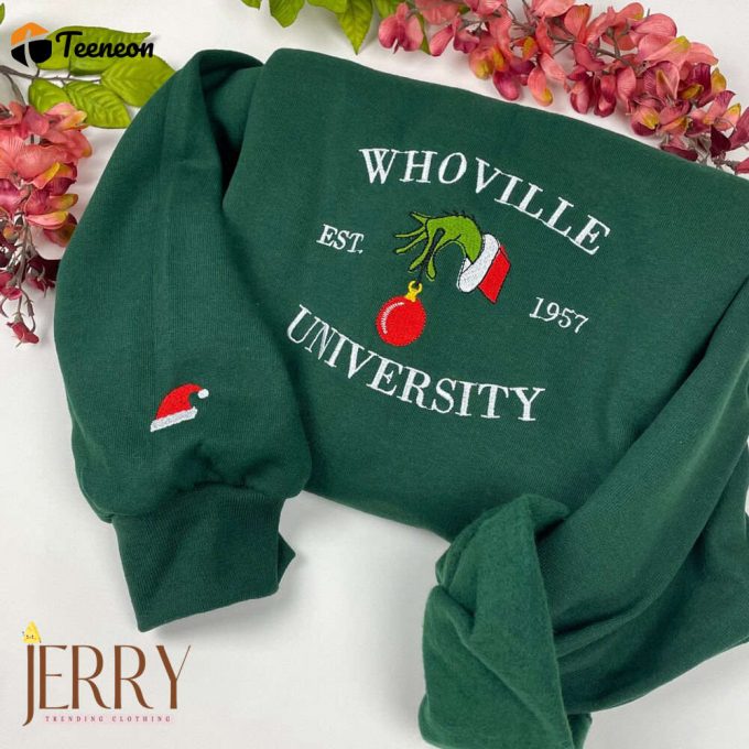 Grinch Christmas Whoville University Embroidered Sweatshirt 1