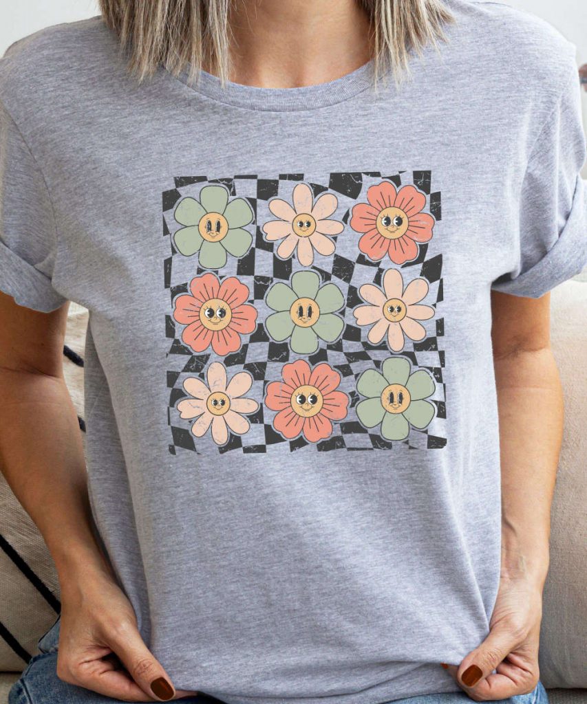 Groovy Floral Shirt, Retro Smiley Face Tshirt, Retro Flowers T-Shirt, Cute Tshirt For Girls, Happy Face Shirt, Smiling Flowers Tee 6