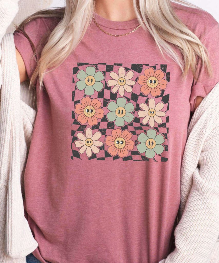 Groovy Floral Shirt, Retro Smiley Face Tshirt, Retro Flowers T-Shirt, Cute Tshirt For Girls, Happy Face Shirt, Smiling Flowers Tee 8