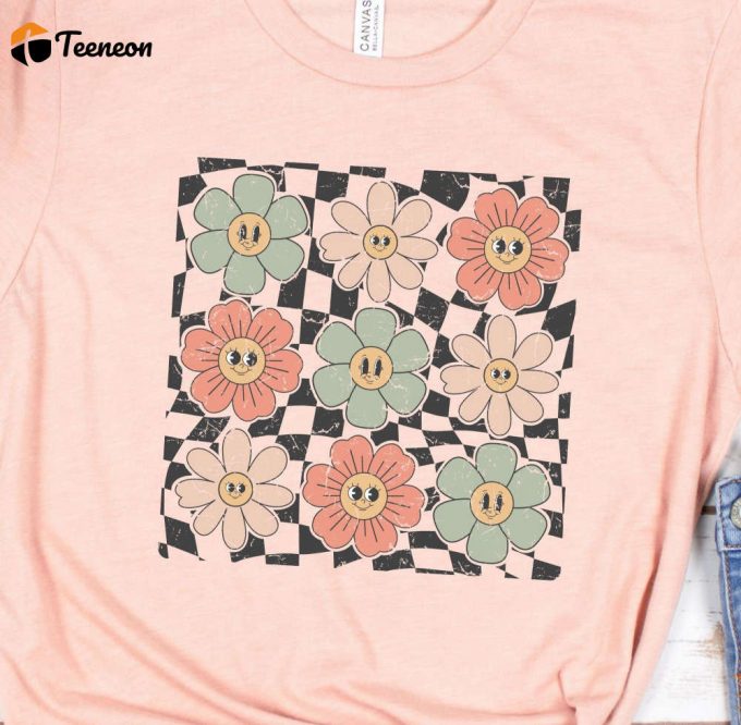Groovy Floral Shirt, Retro Smiley Face Tshirt, Retro Flowers T-Shirt, Cute Tshirt For Girls, Happy Face Shirt, Smiling Flowers Tee 1
