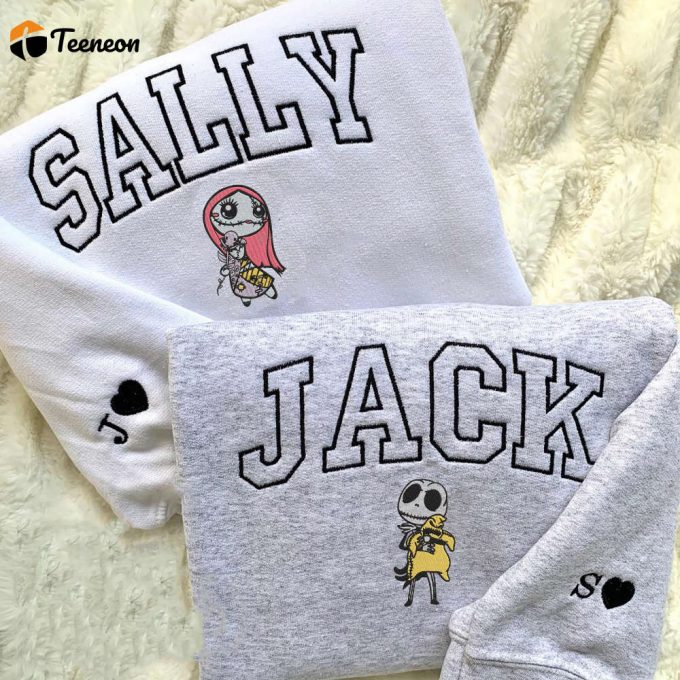 Halloween Jack And Sally Embroidered Crewneck Sweatshirt, Custom Name Couples Embroidery, Best Gift For Couples Halloween/Christmas 1