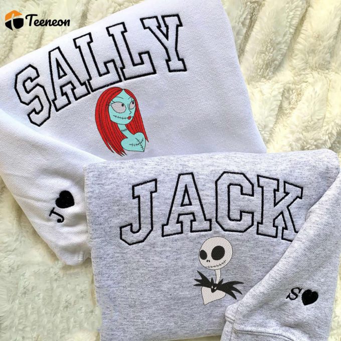 Jack And Sally Embroidered Sweatshirt – Couples Jack And Sally Hoodie – Customized Name Couples Embroidery – Gift For Halloween/Christmas 1