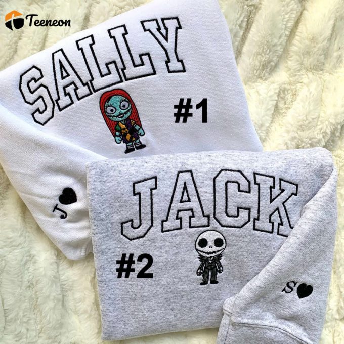 Jack And Sally Skeleton Names Disney Embroidered Sweatshirts 1