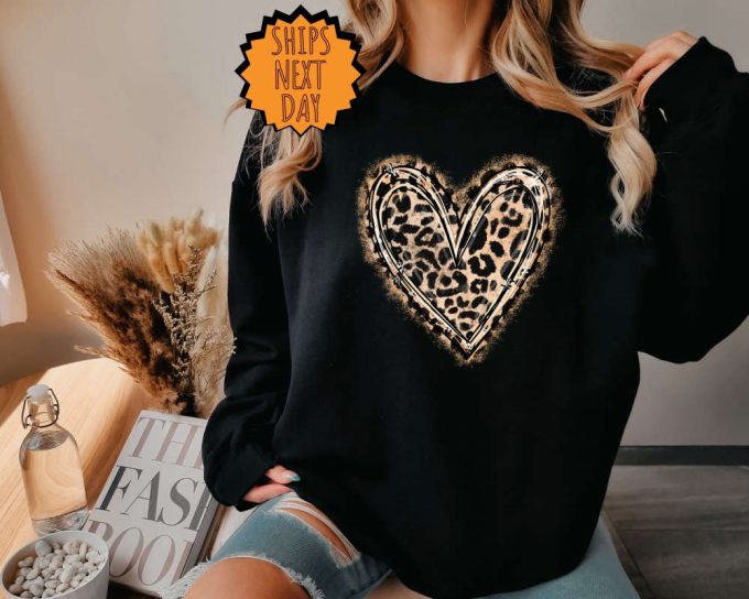 Leopard Patterned Heart Sweatshirt, Heart Hoodie, Valentine Love Gift Sweatshirt, Leopard Print Shirt, Retro Leopard Shirt, Leopard Printtee 4