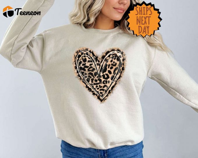 Leopard Patterned Heart Sweatshirt, Heart Hoodie, Valentine Love Gift Sweatshirt, Leopard Print Shirt, Retro Leopard Shirt, Leopard Printtee 1