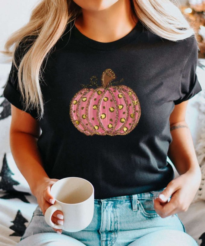 Leopard Pumpkin Fall Tshirt, Pink Pumpkin Shirt, Thanksgiving T-Shirt, Animal Print Fall Tshirt, Cute Pumpkin Shirt For Her, Womens Fall Tee 3